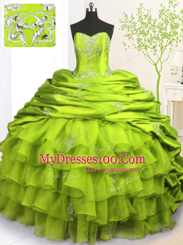Eye-catching Olive Green Strapless Lace Up Beading and Appliques and Ruffled Layers and Pick Ups Quinceanera Gown Brush Train Sleeveless