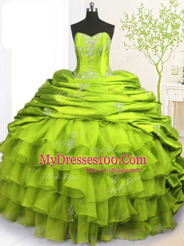 Eye-catching Olive Green Strapless Lace Up Beading and Appliques and Ruffled Layers and Pick Ups Quinceanera Gown Brush Train Sleeveless