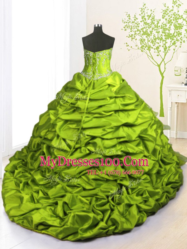 Eye-catching Olive Green Strapless Lace Up Beading and Appliques and Ruffled Layers and Pick Ups Quinceanera Gown Brush Train Sleeveless