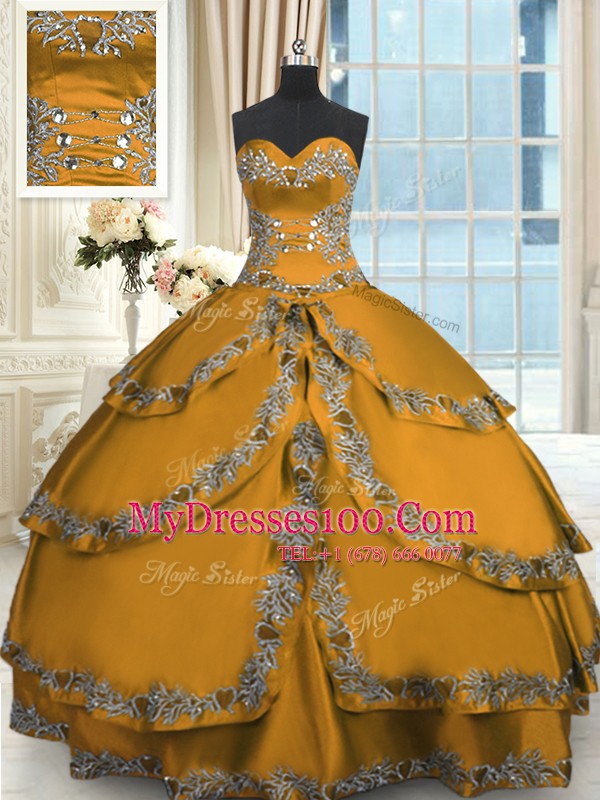 Sweetheart Sleeveless Sweet 16 Dress Floor Length Beading and Embroidery and Ruffled Layers Gold Taffeta