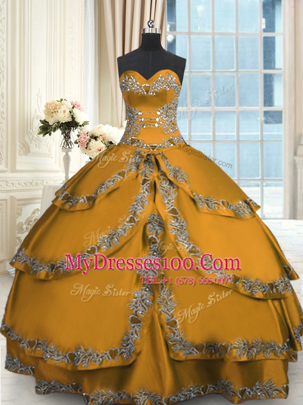Sweetheart Sleeveless Sweet 16 Dress Floor Length Beading and Embroidery and Ruffled Layers Gold Taffeta