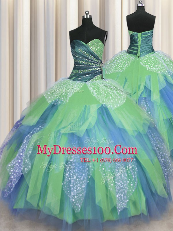 Sweetheart Sleeveless Quinceanera Gowns Floor Length Beading and Ruching Green Organza