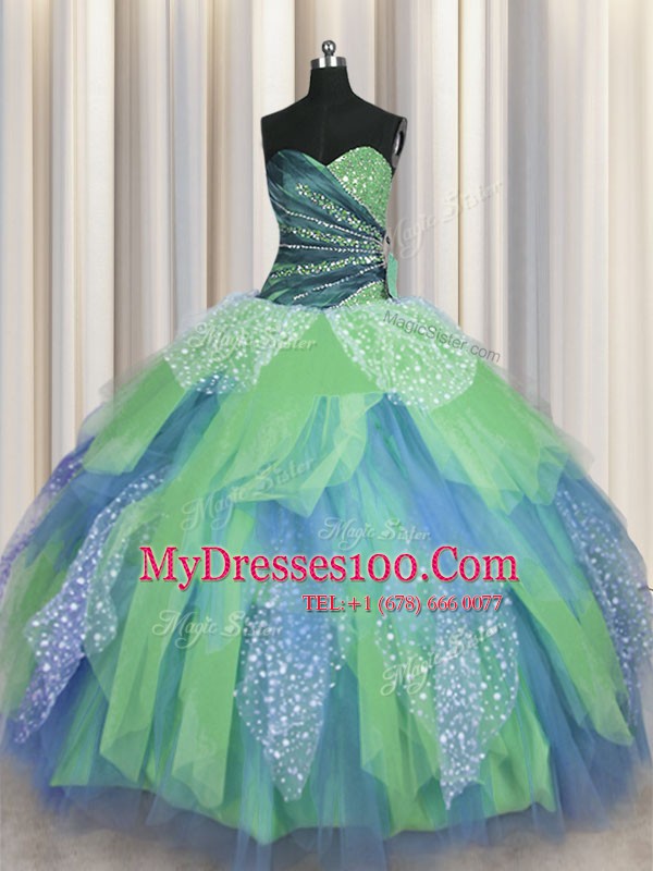 Sweetheart Sleeveless Quinceanera Gowns Floor Length Beading and Ruching Green Organza