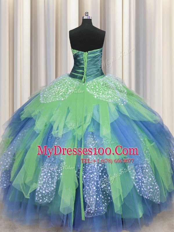 Sweetheart Sleeveless Quinceanera Gowns Floor Length Beading and Ruching Green Organza