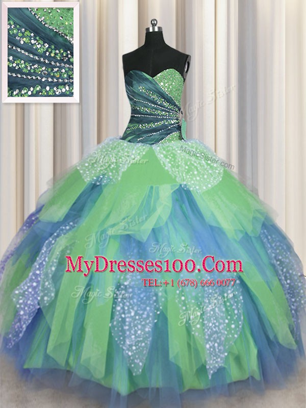 Sweetheart Sleeveless Quinceanera Gowns Floor Length Beading and Ruching Green Organza
