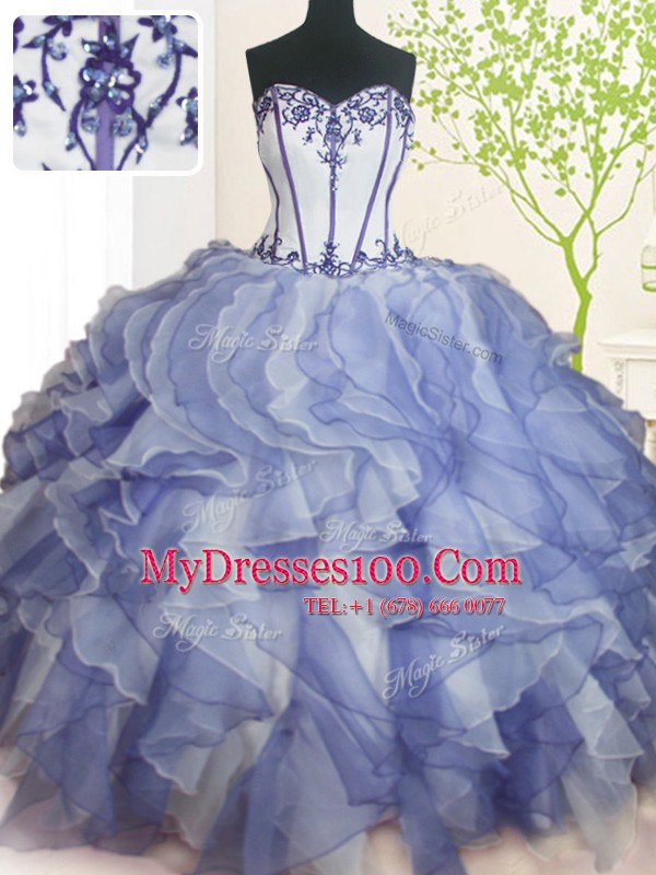 New Style Blue And White Ball Gowns Organza Sweetheart Sleeveless Beading and Ruffles Floor Length Lace Up 15 Quinceanera Dress