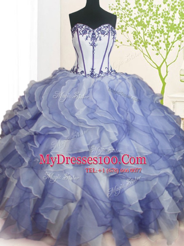 New Style Blue And White Ball Gowns Organza Sweetheart Sleeveless Beading and Ruffles Floor Length Lace Up 15 Quinceanera Dress