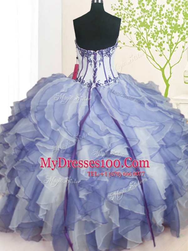 New Style Blue And White Ball Gowns Organza Sweetheart Sleeveless Beading and Ruffles Floor Length Lace Up 15 Quinceanera Dress