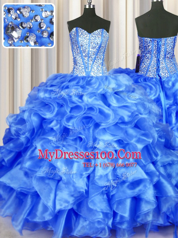 Nice Blue Sleeveless Beading and Ruffles Floor Length Quinceanera Dress