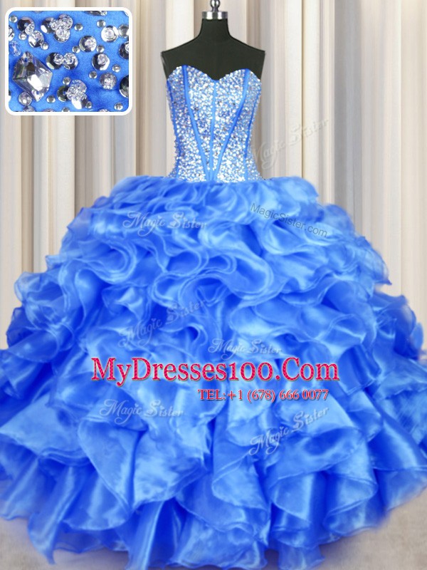 Nice Blue Sleeveless Beading and Ruffles Floor Length Quinceanera Dress