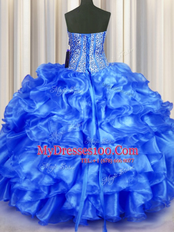 Nice Blue Sleeveless Beading and Ruffles Floor Length Quinceanera Dress