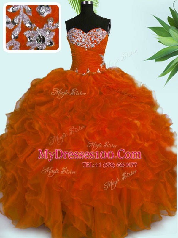 Rust Red Sweetheart Lace Up Beading and Ruffles Quinceanera Gowns Sleeveless