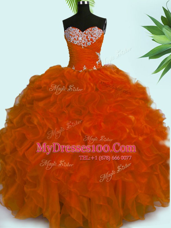 Rust Red Sweetheart Lace Up Beading and Ruffles Quinceanera Gowns Sleeveless