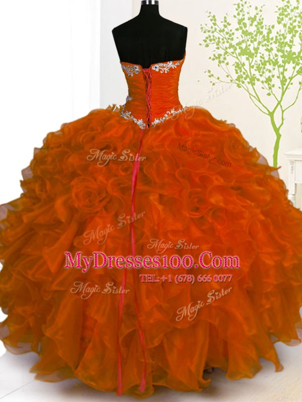 Rust Red Sweetheart Lace Up Beading and Ruffles Quinceanera Gowns Sleeveless
