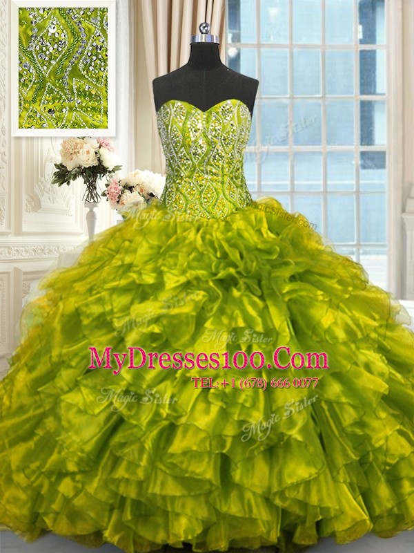Pretty Olive Green Lace Up Sweet 16 Dresses Beading and Ruffles Sleeveless Brush Train