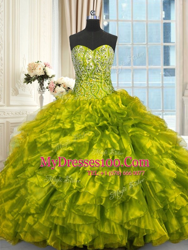 Pretty Olive Green Lace Up Sweet 16 Dresses Beading and Ruffles Sleeveless Brush Train