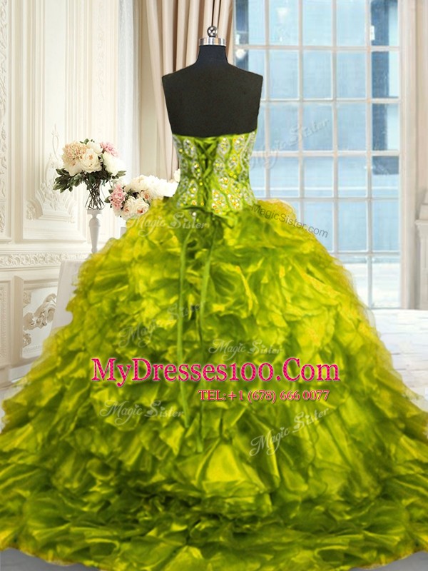 Pretty Olive Green Lace Up Sweet 16 Dresses Beading and Ruffles Sleeveless Brush Train