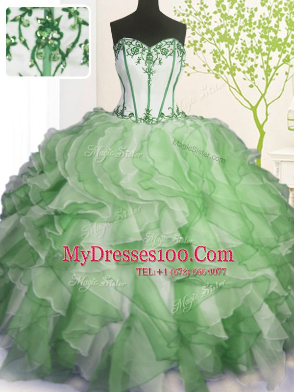 Sexy Green Organza Lace Up Quinceanera Dress Sleeveless Floor Length Beading and Ruffles