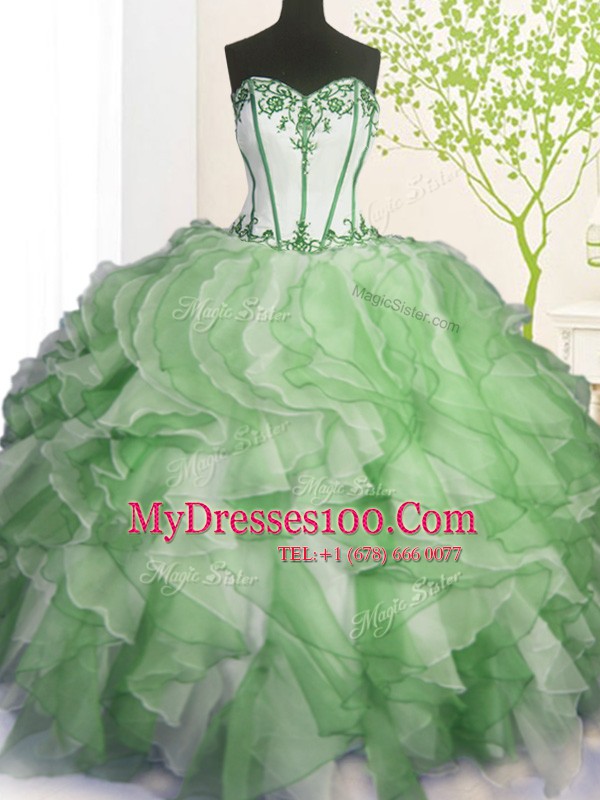 Sexy Green Organza Lace Up Quinceanera Dress Sleeveless Floor Length Beading and Ruffles
