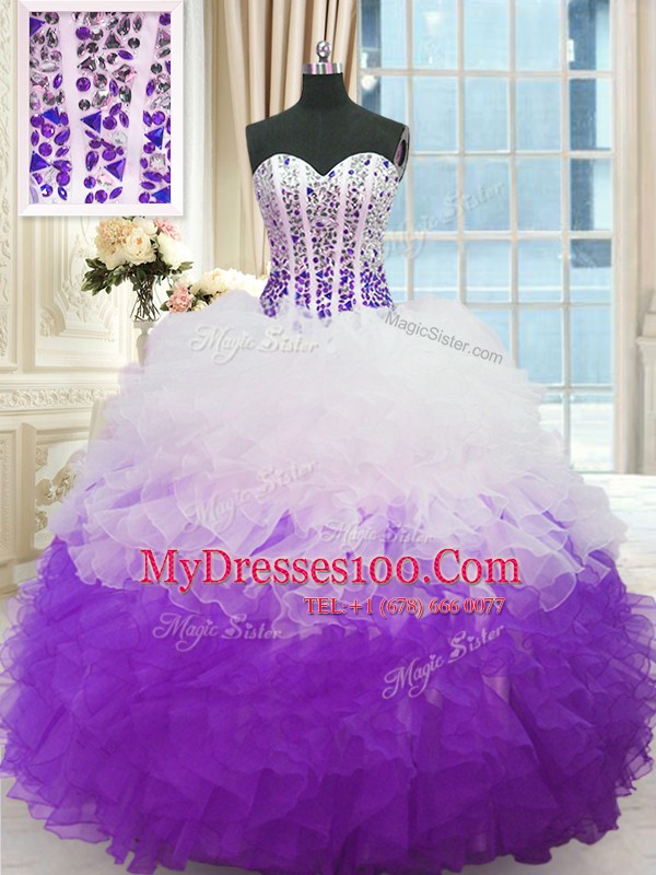 Latest White And Purple Sleeveless Organza Lace Up Ball Gown Prom Dress for Military Ball and Sweet 16 and Quinceanera