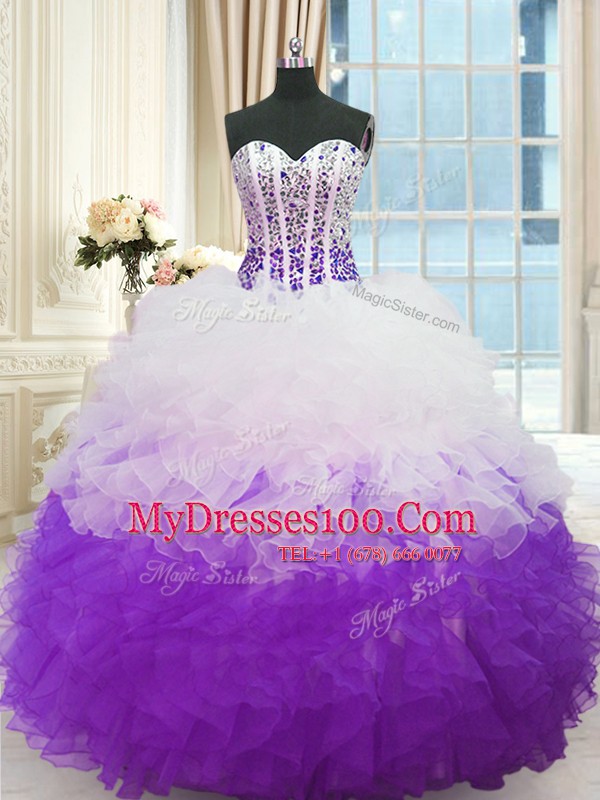 Latest White And Purple Sleeveless Organza Lace Up Ball Gown Prom Dress for Military Ball and Sweet 16 and Quinceanera