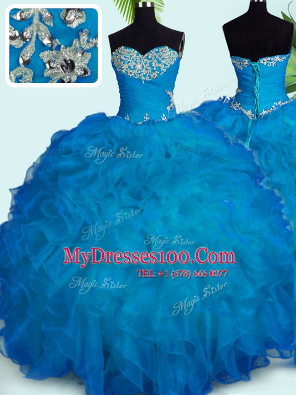 Spectacular Blue Sweetheart Lace Up Beading and Ruffles Quince Ball Gowns Sleeveless