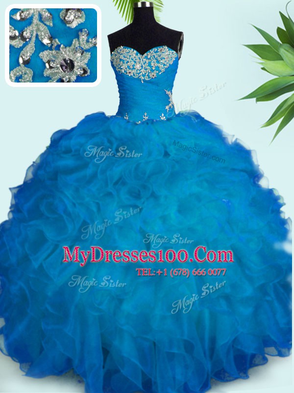 Spectacular Blue Sweetheart Lace Up Beading and Ruffles Quince Ball Gowns Sleeveless