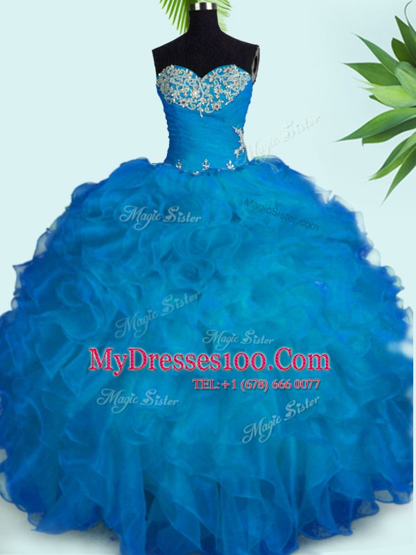 Spectacular Blue Sweetheart Lace Up Beading and Ruffles Quince Ball Gowns Sleeveless