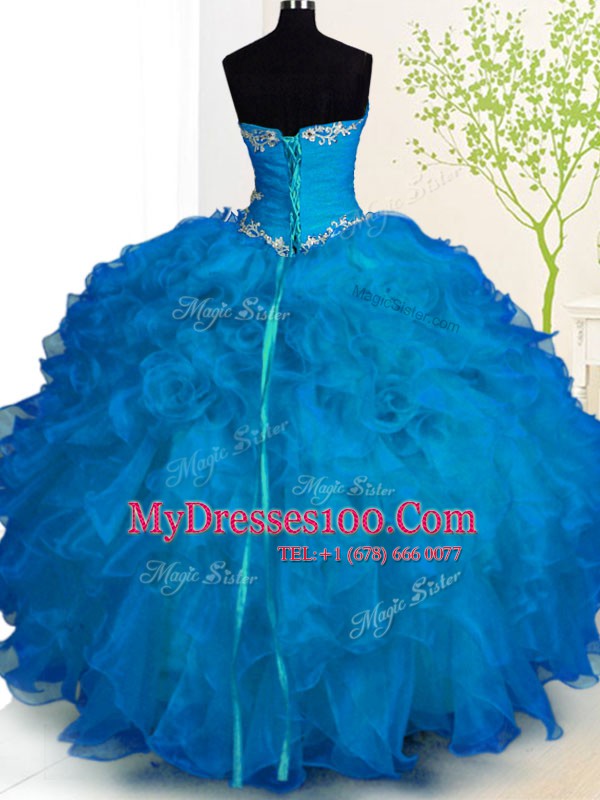Spectacular Blue Sweetheart Lace Up Beading and Ruffles Quince Ball Gowns Sleeveless