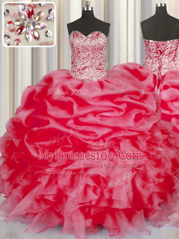 Amazing Coral Red 15 Quinceanera Dress Military Ball and Sweet 16 and Quinceanera and For with Beading and Ruffles and Pick Ups Sweetheart Sleeveless Lace Up