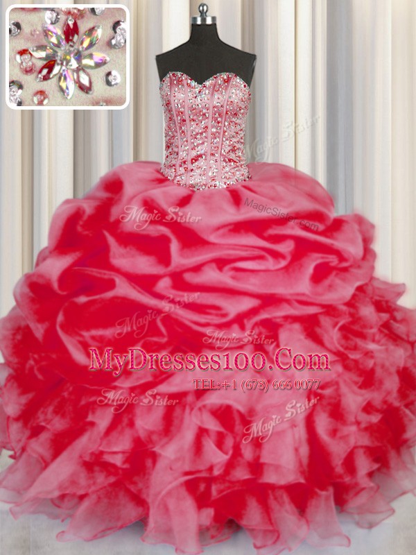 Amazing Coral Red 15 Quinceanera Dress Military Ball and Sweet 16 and Quinceanera and For with Beading and Ruffles and Pick Ups Sweetheart Sleeveless Lace Up