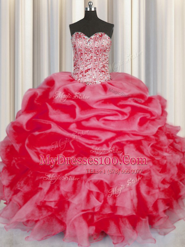 Amazing Coral Red 15 Quinceanera Dress Military Ball and Sweet 16 and Quinceanera and For with Beading and Ruffles and Pick Ups Sweetheart Sleeveless Lace Up