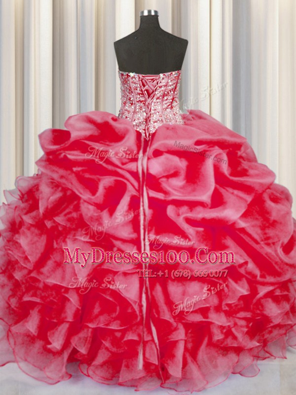 Amazing Coral Red 15 Quinceanera Dress Military Ball and Sweet 16 and Quinceanera and For with Beading and Ruffles and Pick Ups Sweetheart Sleeveless Lace Up