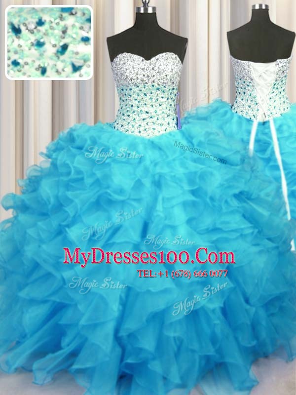 Colorful Baby Blue Ball Gowns Beading and Ruffles Sweet 16 Dresses Lace Up Organza Sleeveless Floor Length