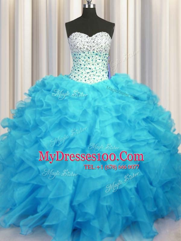Colorful Baby Blue Ball Gowns Beading and Ruffles Sweet 16 Dresses Lace Up Organza Sleeveless Floor Length