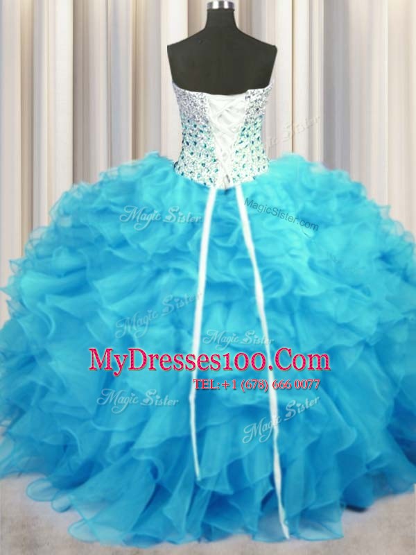 Colorful Baby Blue Ball Gowns Beading and Ruffles Sweet 16 Dresses Lace Up Organza Sleeveless Floor Length