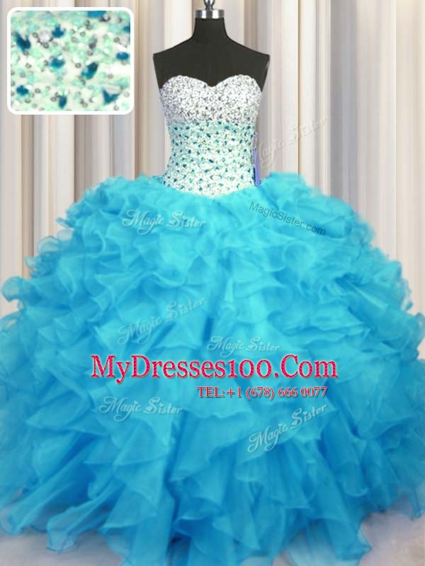 Colorful Baby Blue Ball Gowns Beading and Ruffles Sweet 16 Dresses Lace Up Organza Sleeveless Floor Length