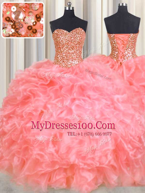 Halter Top Sleeveless Vestidos de Quinceanera Floor Length Beading and Ruffles Watermelon Red Organza