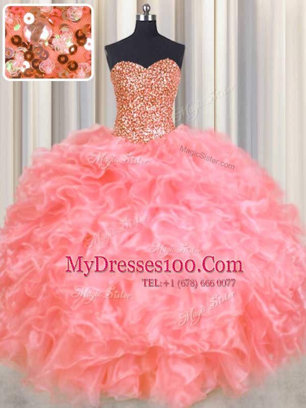Halter Top Sleeveless Vestidos de Quinceanera Floor Length Beading and Ruffles Watermelon Red Organza