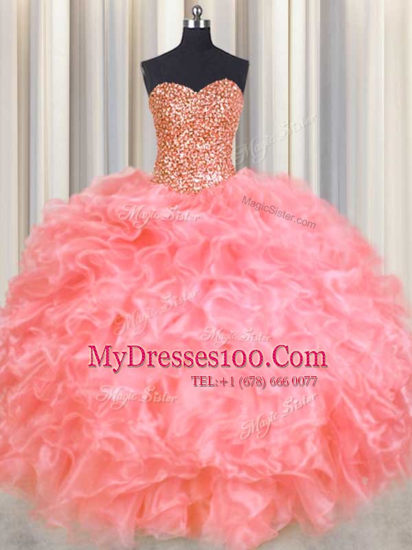 Halter Top Sleeveless Vestidos de Quinceanera Floor Length Beading and Ruffles Watermelon Red Organza