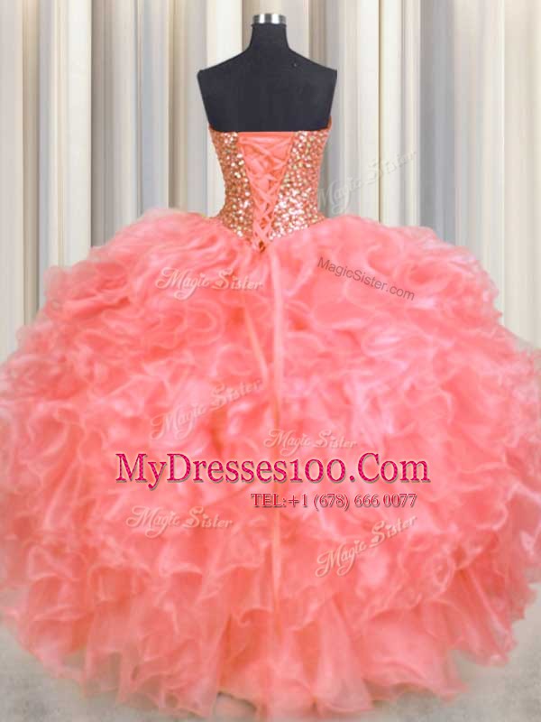 Halter Top Sleeveless Vestidos de Quinceanera Floor Length Beading and Ruffles Watermelon Red Organza