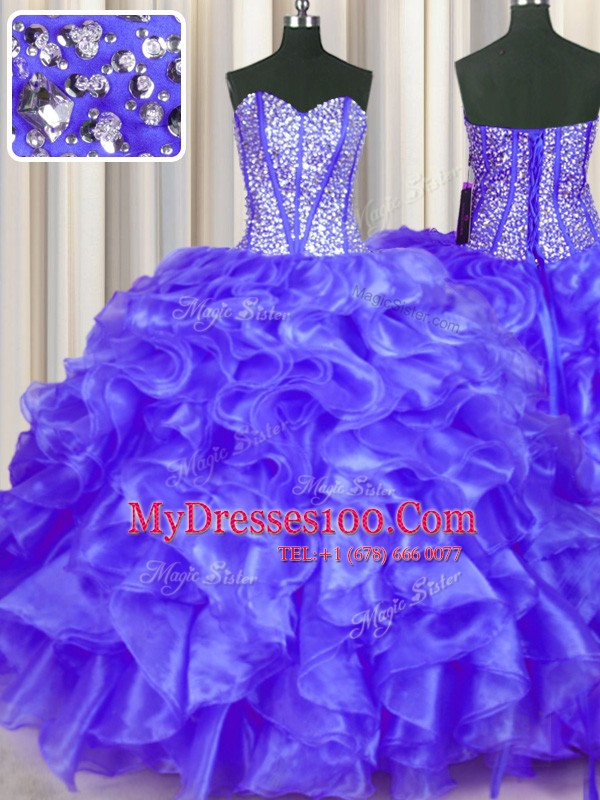 Purple Ball Gowns Sweetheart Sleeveless Organza Floor Length Lace Up Beading and Ruffles Quinceanera Dress