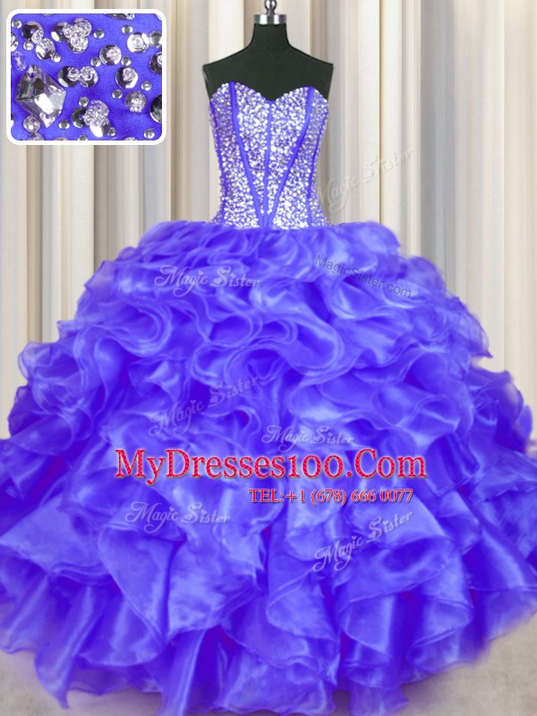 Purple Ball Gowns Sweetheart Sleeveless Organza Floor Length Lace Up Beading and Ruffles Quinceanera Dress