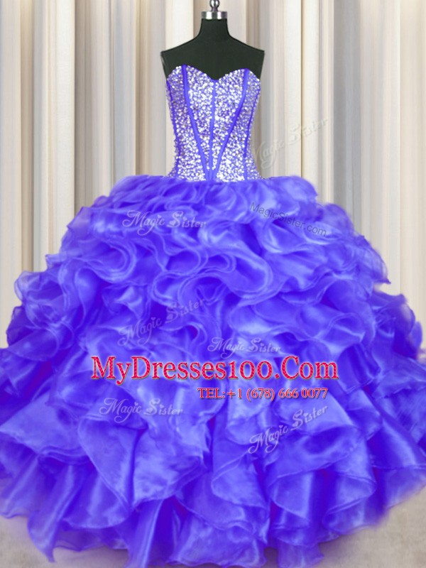 Purple Ball Gowns Sweetheart Sleeveless Organza Floor Length Lace Up Beading and Ruffles Quinceanera Dress