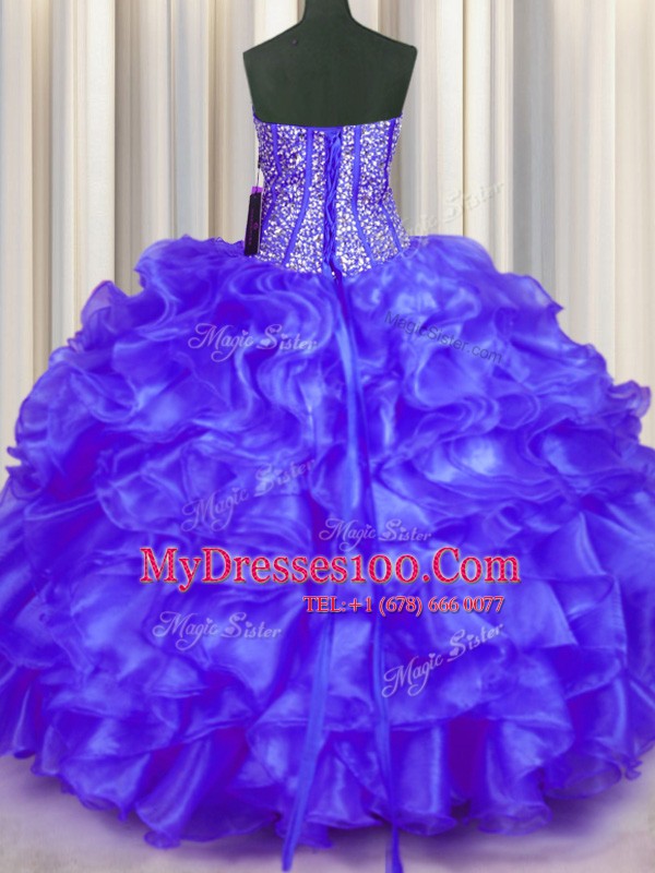 Purple Ball Gowns Sweetheart Sleeveless Organza Floor Length Lace Up Beading and Ruffles Quinceanera Dress