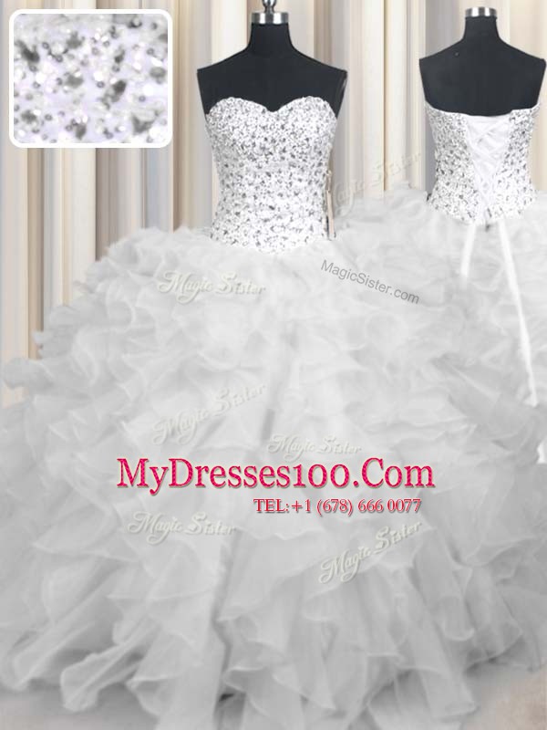 White Sleeveless Floor Length Beading and Ruffles Lace Up 15 Quinceanera Dress