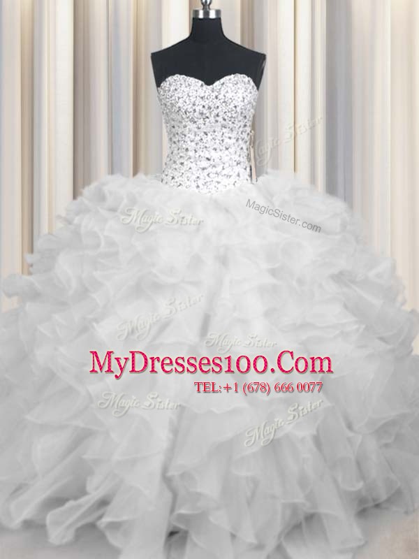 White Sleeveless Floor Length Beading and Ruffles Lace Up 15 Quinceanera Dress