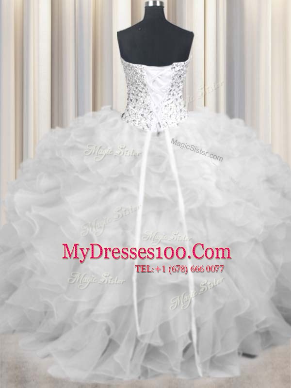 White Sleeveless Floor Length Beading and Ruffles Lace Up 15 Quinceanera Dress