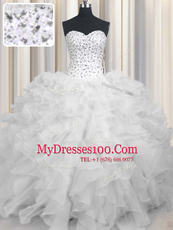 White Sleeveless Floor Length Beading and Ruffles Lace Up 15 Quinceanera Dress