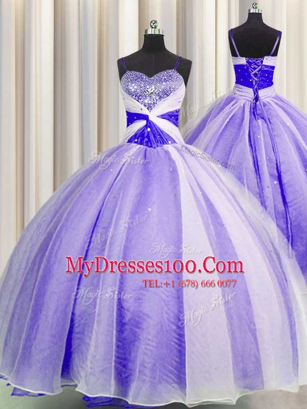 Sequins Spaghetti Straps Lavender Sleeveless Organza Lace Up Quinceanera Dress for Military Ball and Sweet 16 and Quinceanera